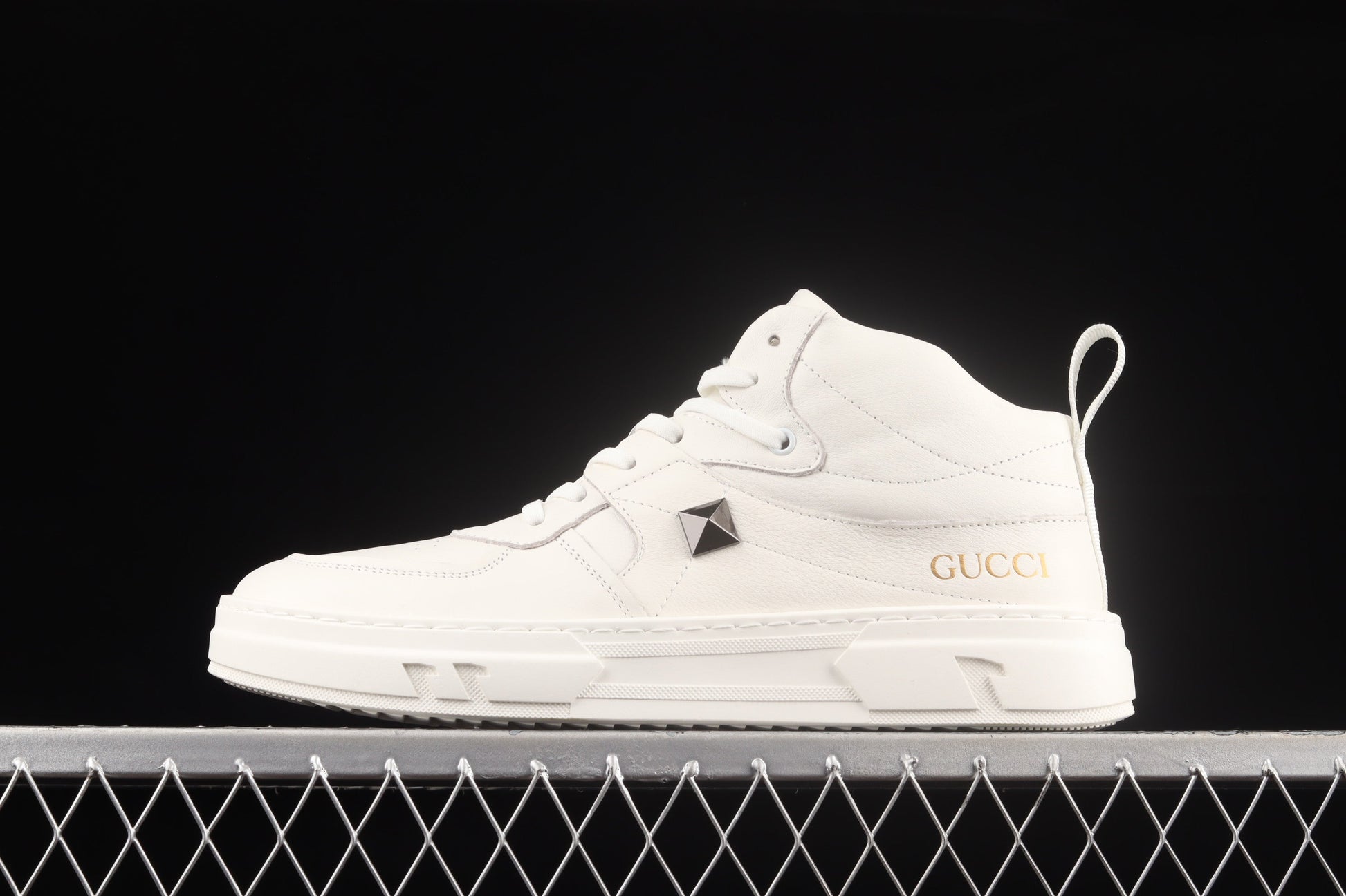 Gucci Rhyton High-Top Sneaker – White Leather & Gold Logo XoticBlendz
