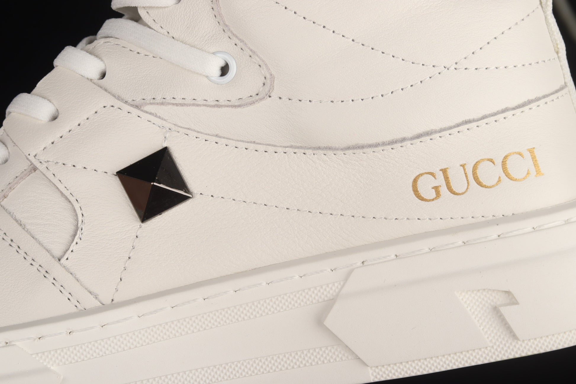 Gucci Rhyton High-Top Sneaker – White Leather & Gold Logo XoticBlendz