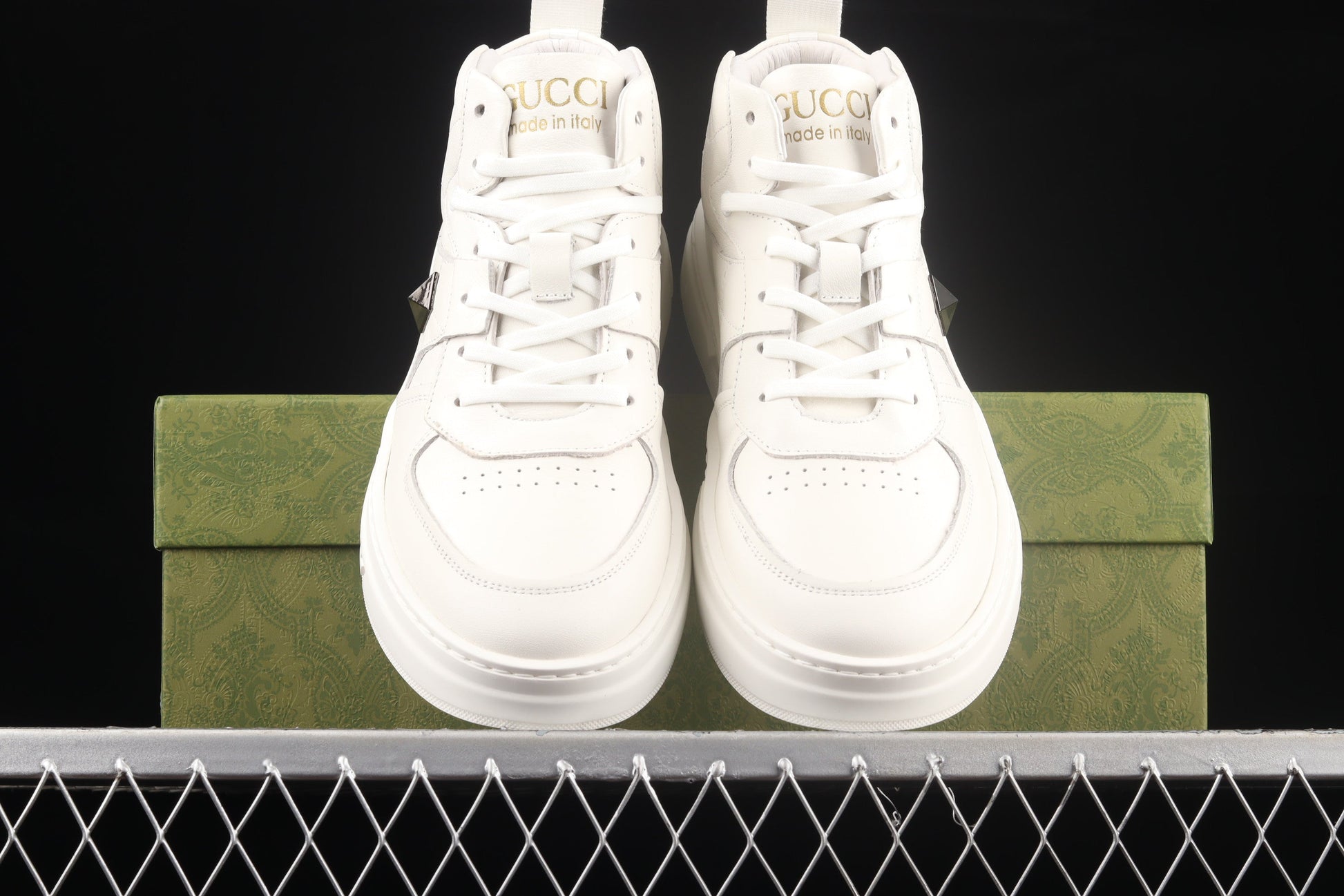 Gucci Rhyton High-Top Sneaker – White Leather & Gold Logo XoticBlendz